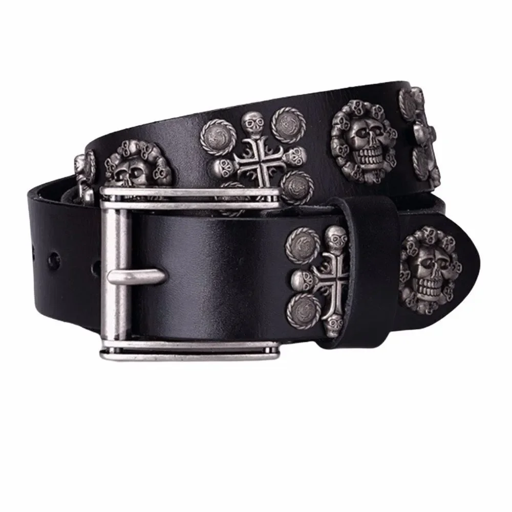 Black Genuine Leather Studded Brush Nickel Skulls Biker Moto Belt NEW